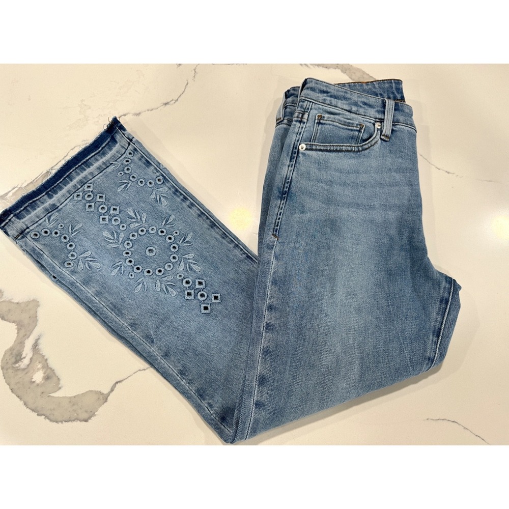 Dear John Jeanne Flare Jeans Medium Wash Eyelet Embroidery Raw Hem 27